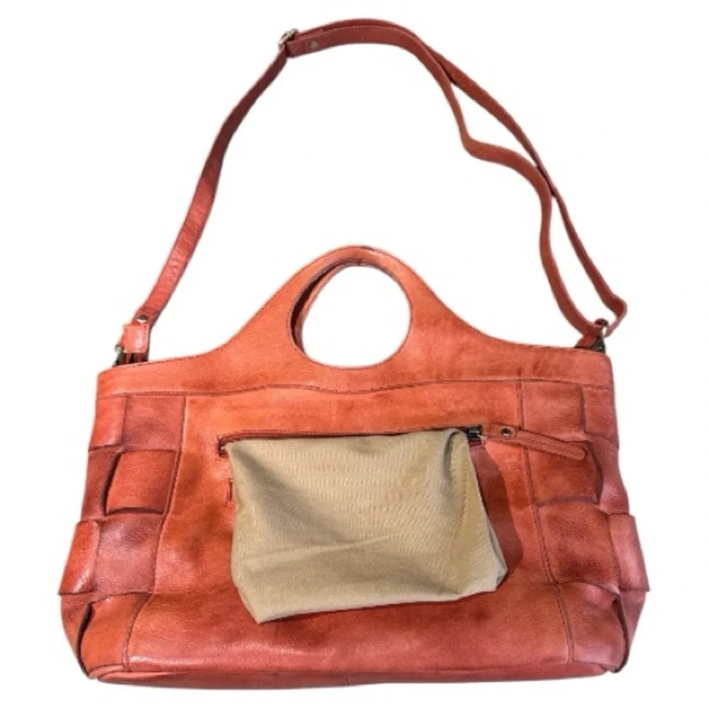 Woven Leather Crossbody Tote in Rust